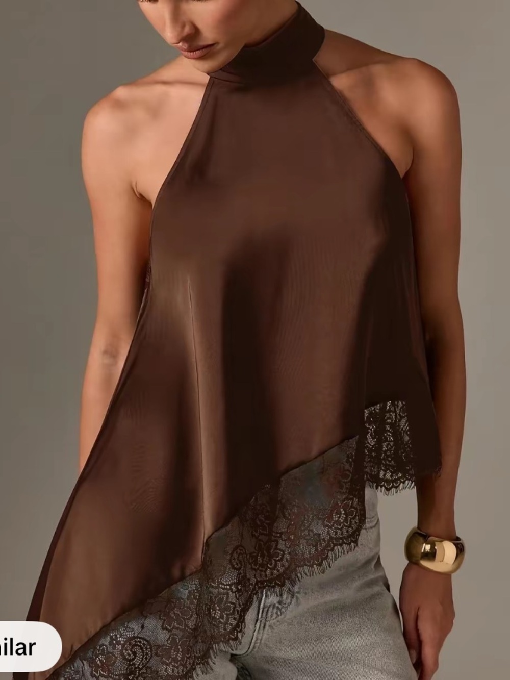 Dark Brown Asymmetrical Satin Lace-Hem Halter Top